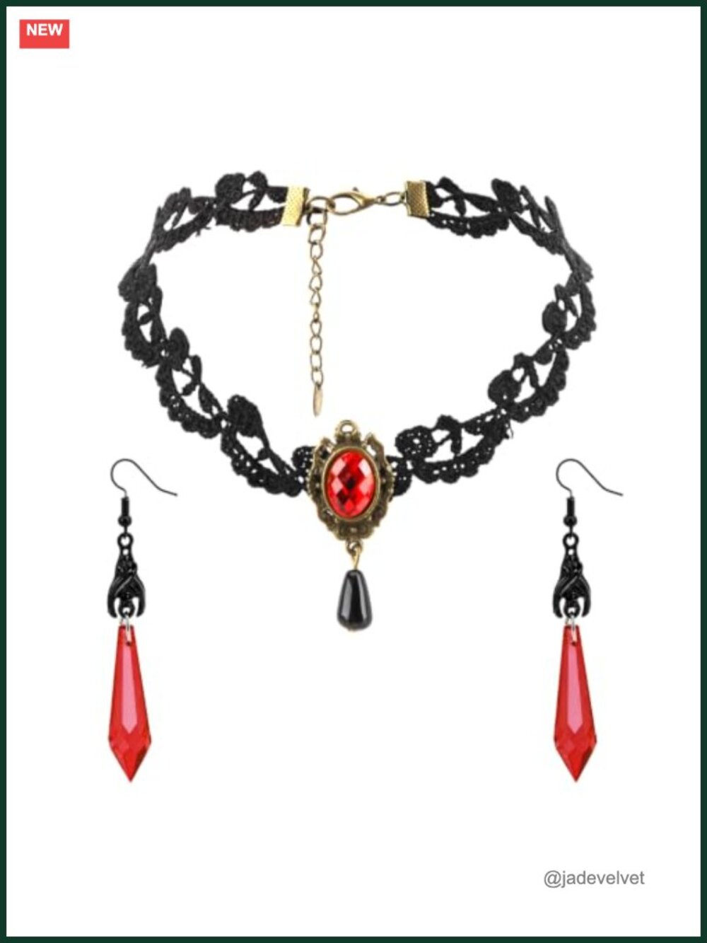 Gothic Bat Lace Choker & Red Crystal Dangle Earrings Jewelry Set for Women
